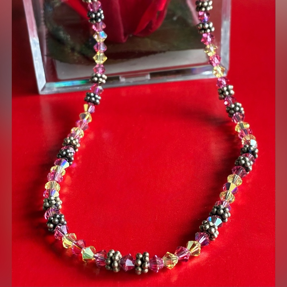 925 Silver Necklace,Pink and Yellow Crystal Bead Necklace with Silver Accents - Picture 2 of 10
